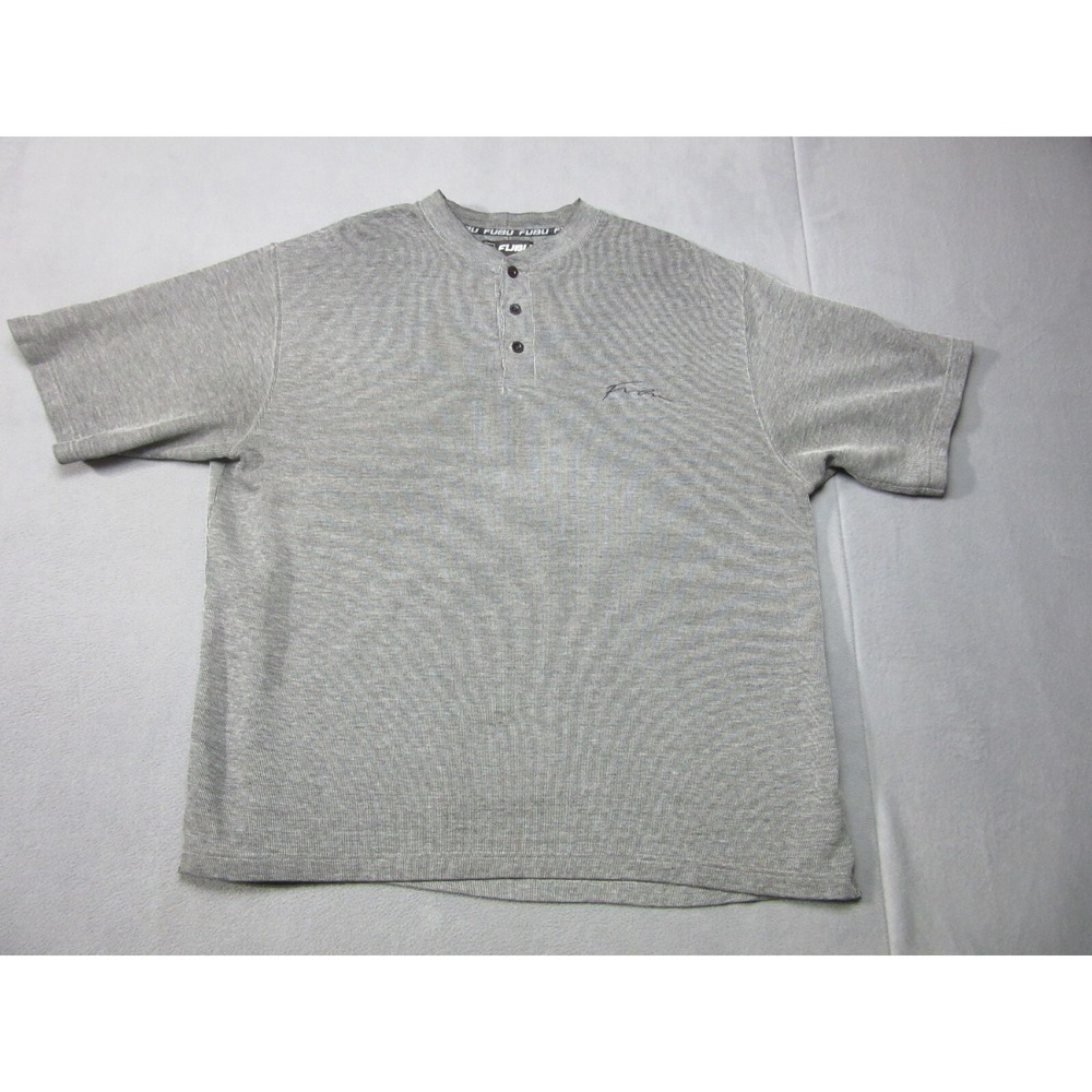 Fubu Shirt Mens Gray Black XL Henley Textured Embroidered Short Sleeve 90s Hip